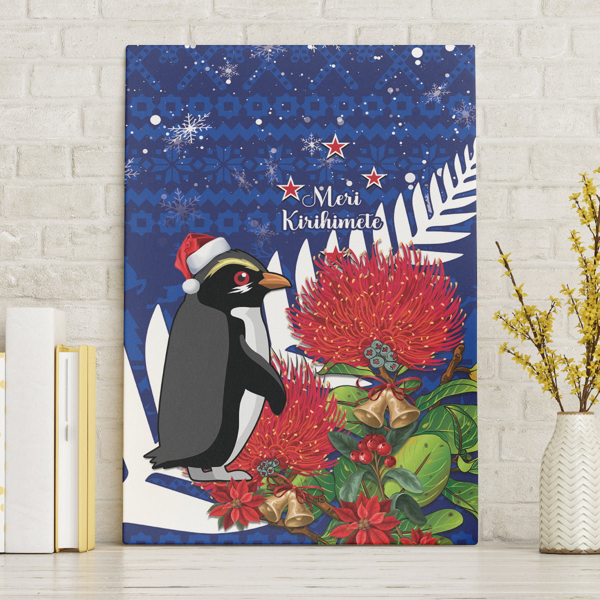 New Zealand Christmas In July Canvas Wall Art Fiordland Penguin With Pohutukawa Flower