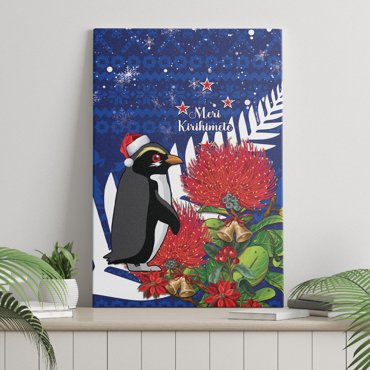 New Zealand Christmas In July Canvas Wall Art Fiordland Penguin With Pohutukawa Flower