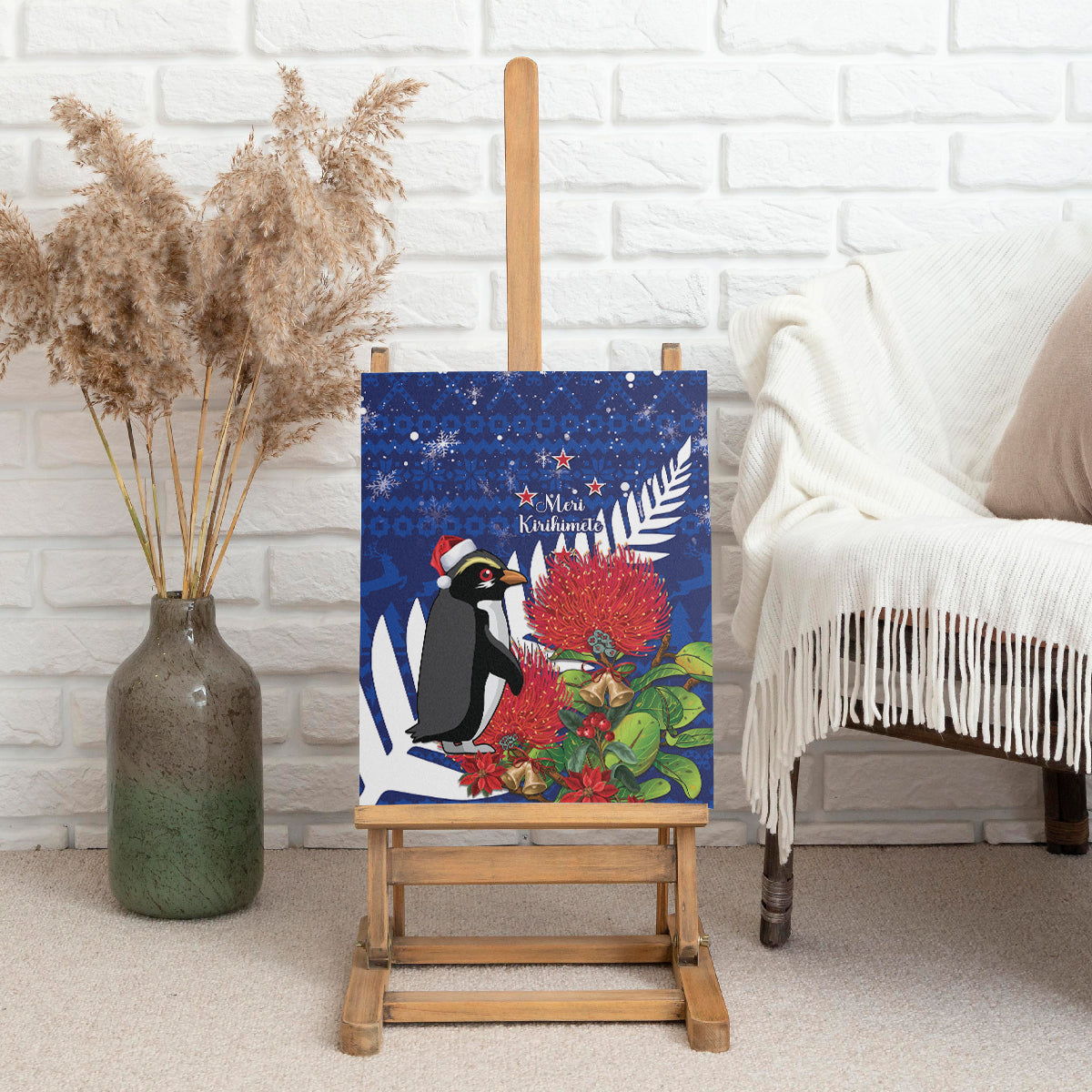 New Zealand Christmas In July Canvas Wall Art Fiordland Penguin With Pohutukawa Flower