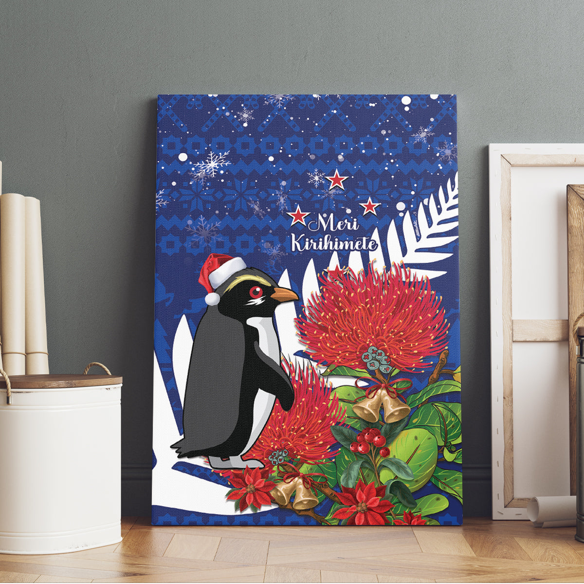 New Zealand Christmas In July Canvas Wall Art Fiordland Penguin With Pohutukawa Flower