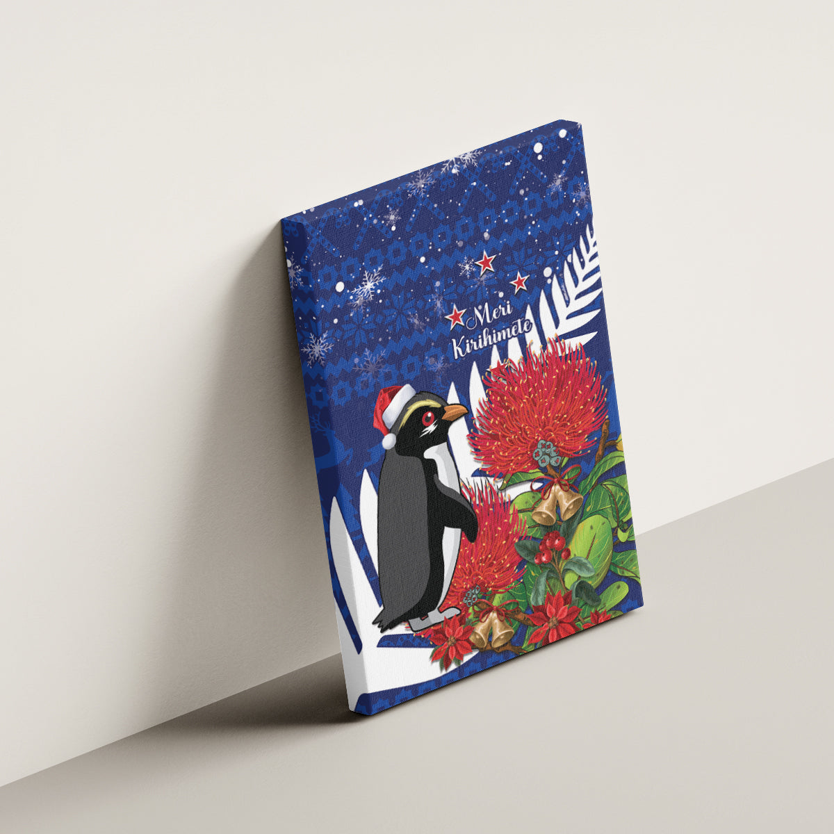 New Zealand Christmas In July Canvas Wall Art Fiordland Penguin With Pohutukawa Flower