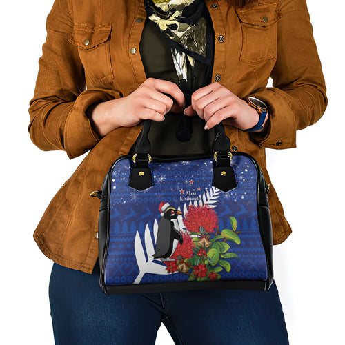 New Zealand Christmas In July Shoulder Handbag Fiordland Penguin With Pohutukawa Flower