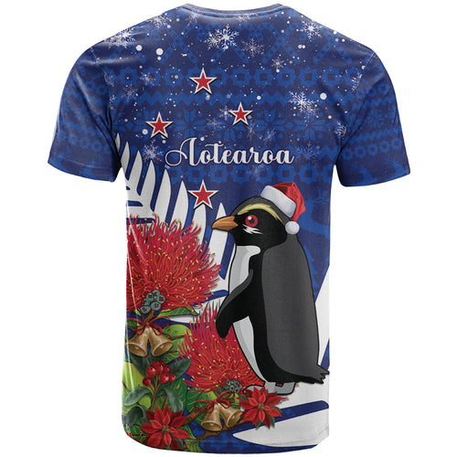New Zealand Christmas In July T Shirt Fiordland Penguin With Pohutukawa Flower