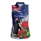 New Zealand Christmas In July Women Sleeveless Polo Shirt Fiordland Penguin With Pohutukawa Flower