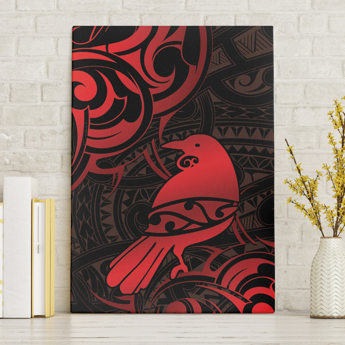 New Zealand Tui Bird Canvas Wall Art Aotearoa Maori Pattern - Red