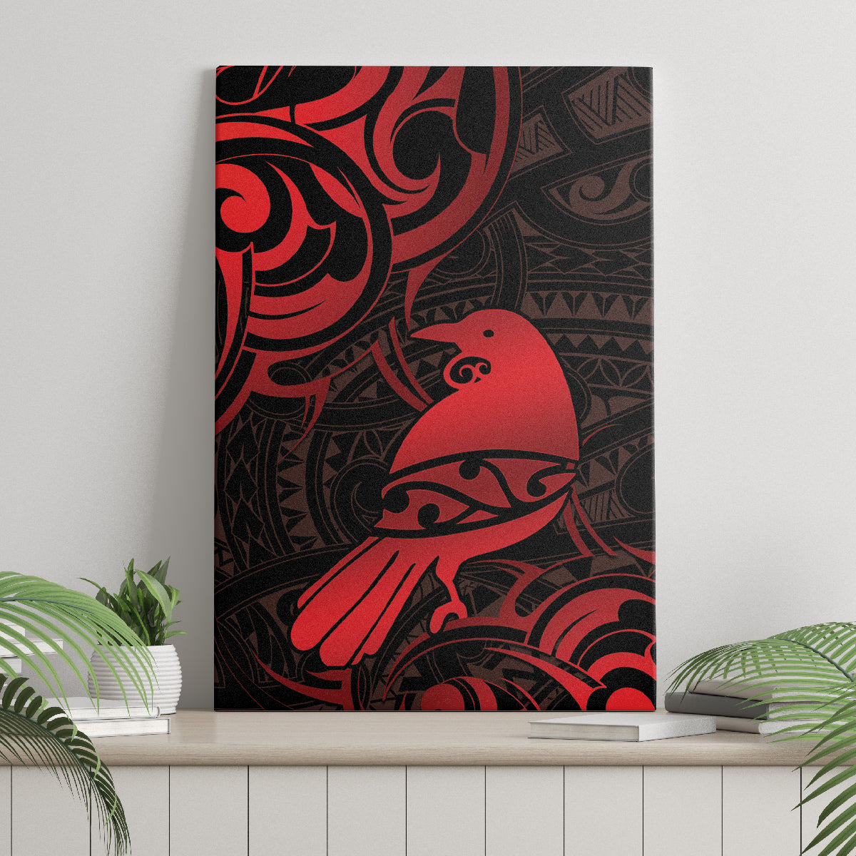 New Zealand Tui Bird Canvas Wall Art Aotearoa Maori Pattern - Red