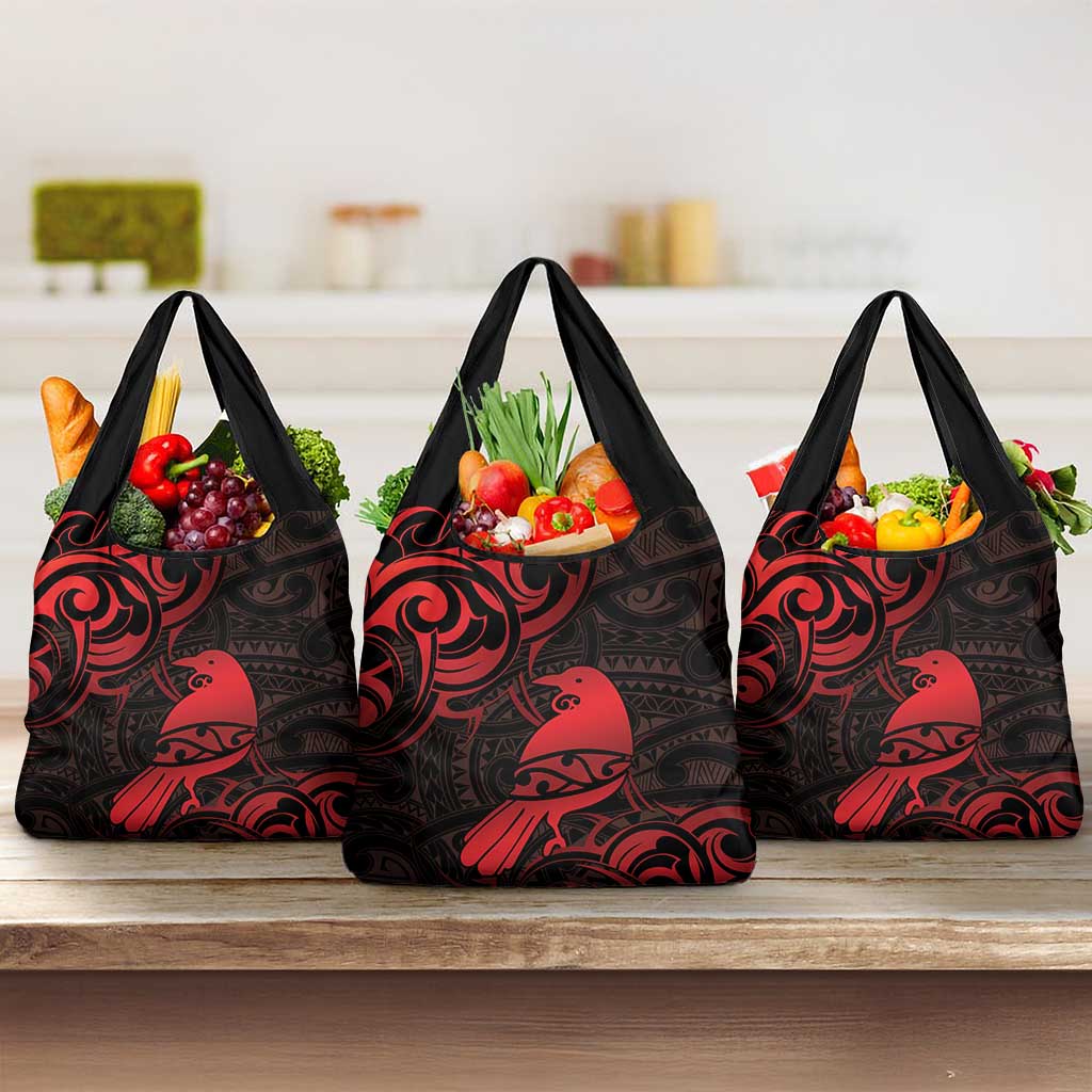 New Zealand Tui Bird Grocery Bag Aotearoa Maori Pattern - Red