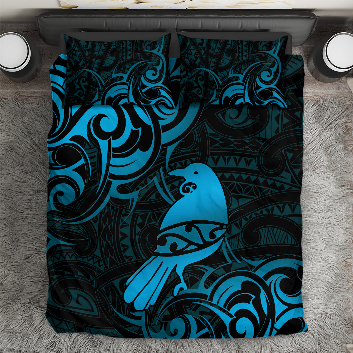 New Zealand Tui Bird Bedding Set Aotearoa Maori Pattern - Blue
