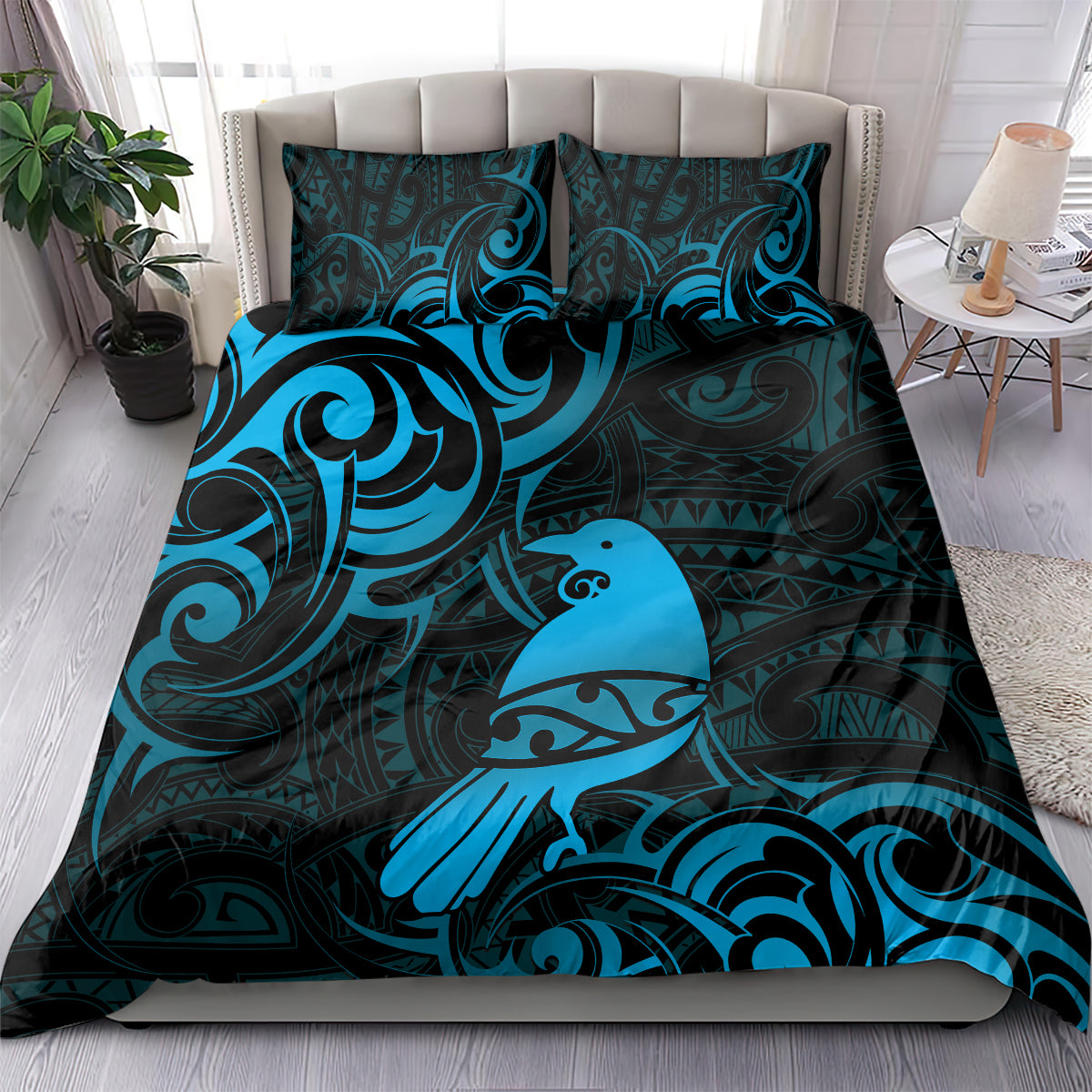 New Zealand Tui Bird Bedding Set Aotearoa Maori Pattern - Blue