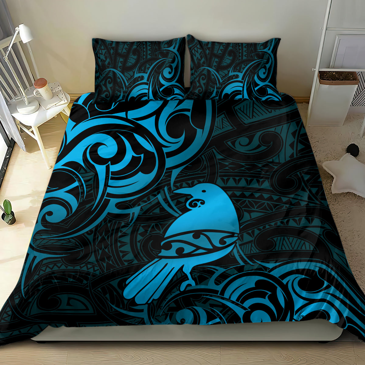 New Zealand Tui Bird Bedding Set Aotearoa Maori Pattern - Blue