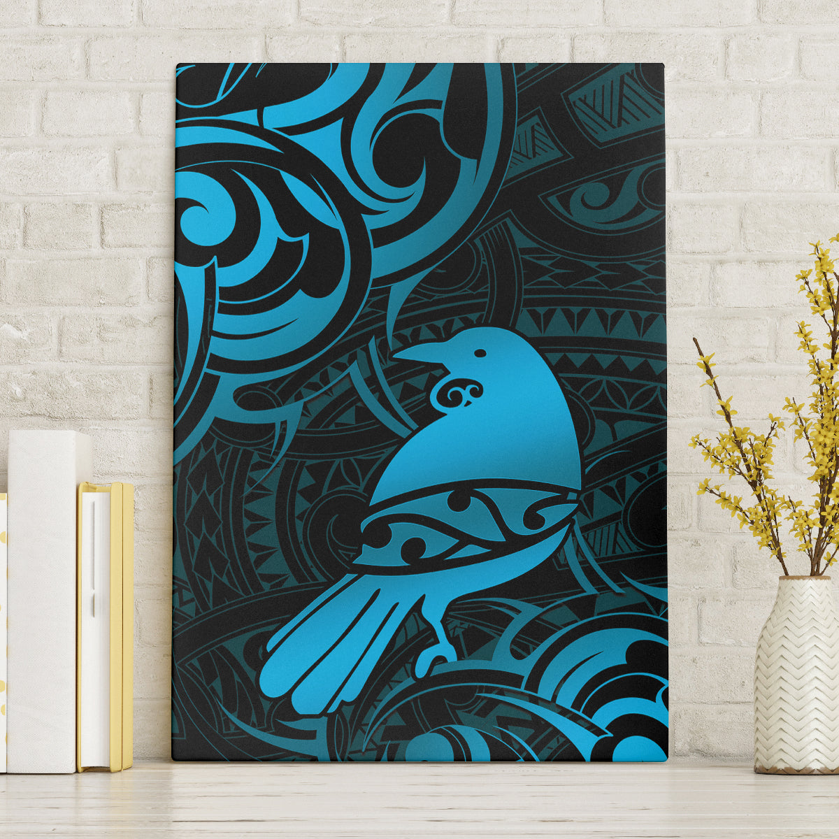 New Zealand Tui Bird Canvas Wall Art Aotearoa Maori Pattern - Blue