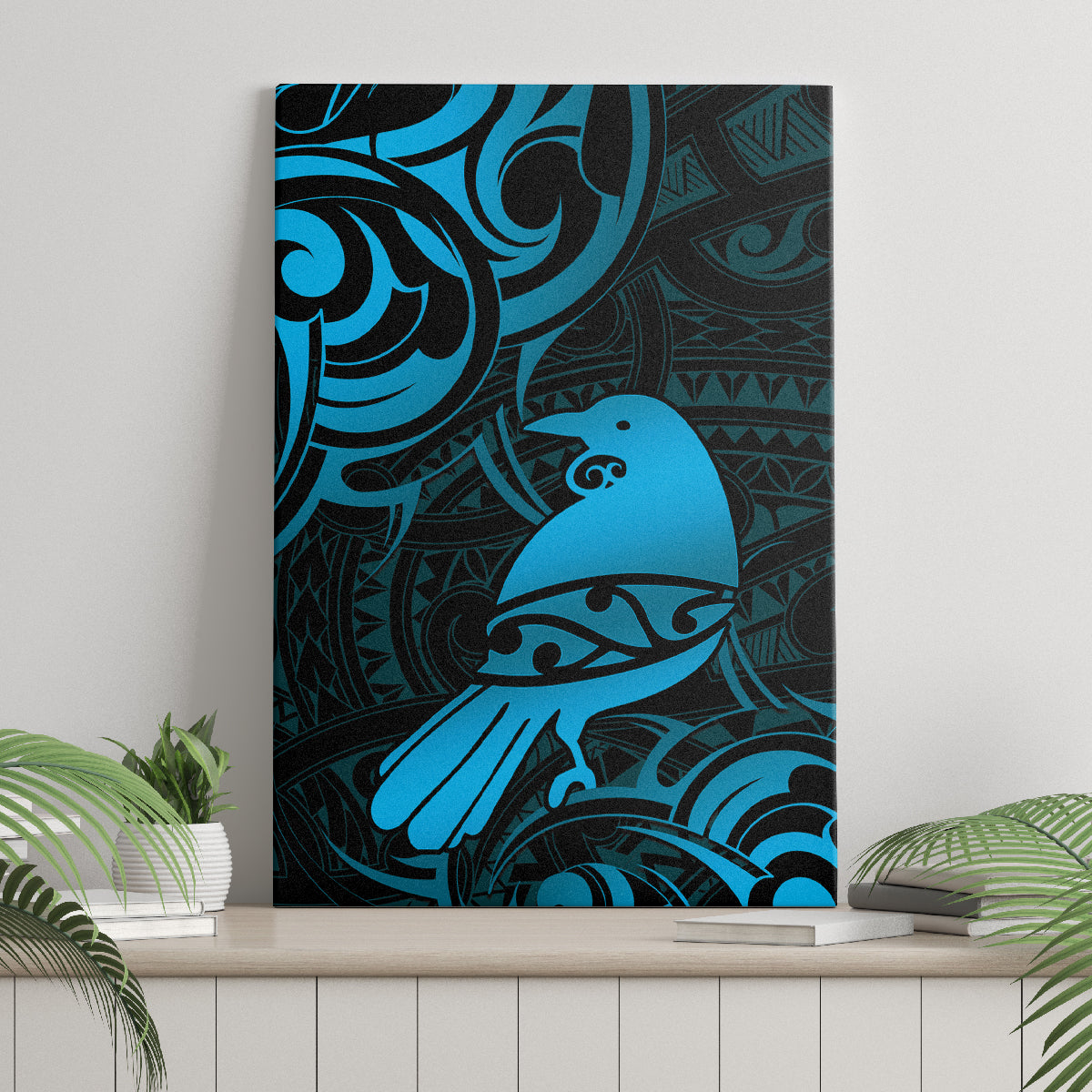 New Zealand Tui Bird Canvas Wall Art Aotearoa Maori Pattern - Blue