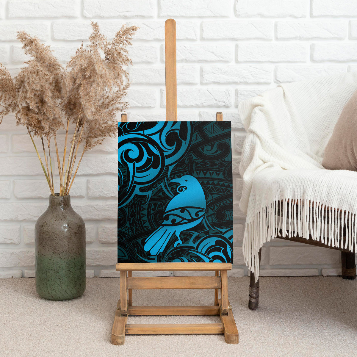 New Zealand Tui Bird Canvas Wall Art Aotearoa Maori Pattern - Blue