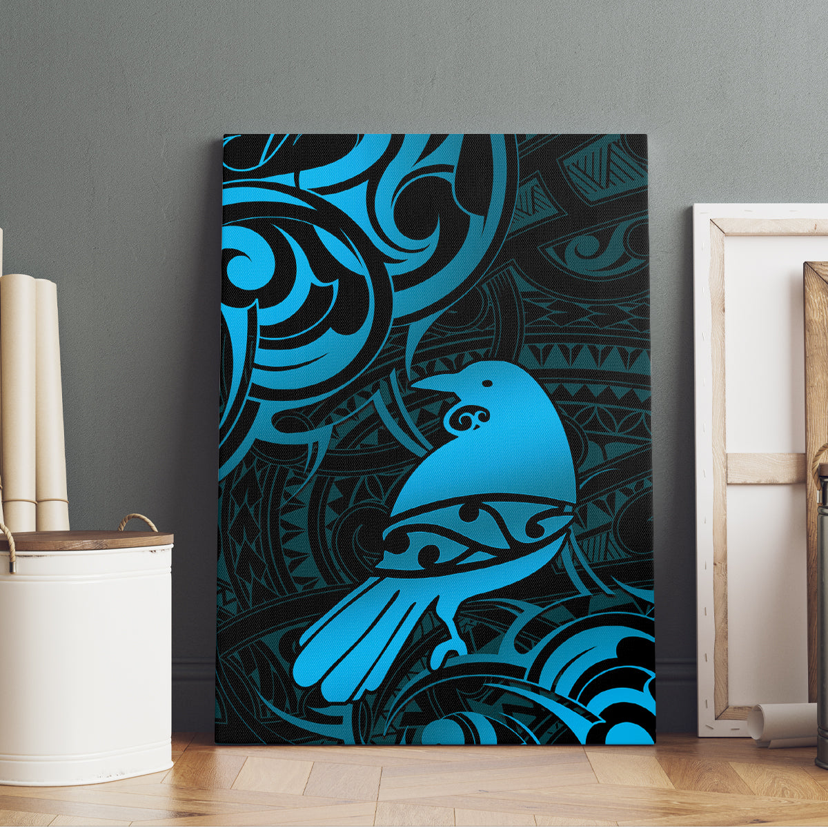 New Zealand Tui Bird Canvas Wall Art Aotearoa Maori Pattern - Blue