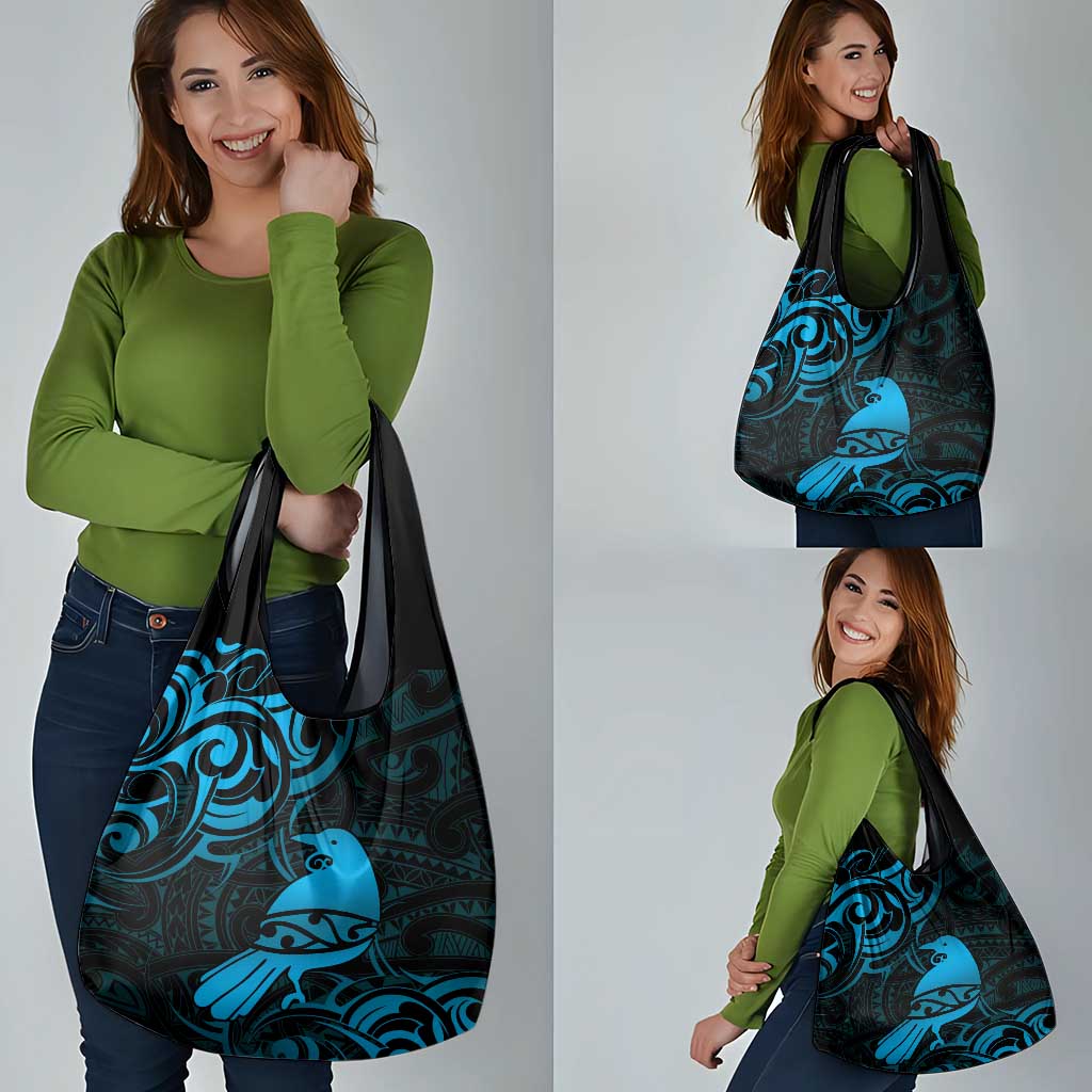 New Zealand Tui Bird Grocery Bag Aotearoa Maori Pattern - Blue