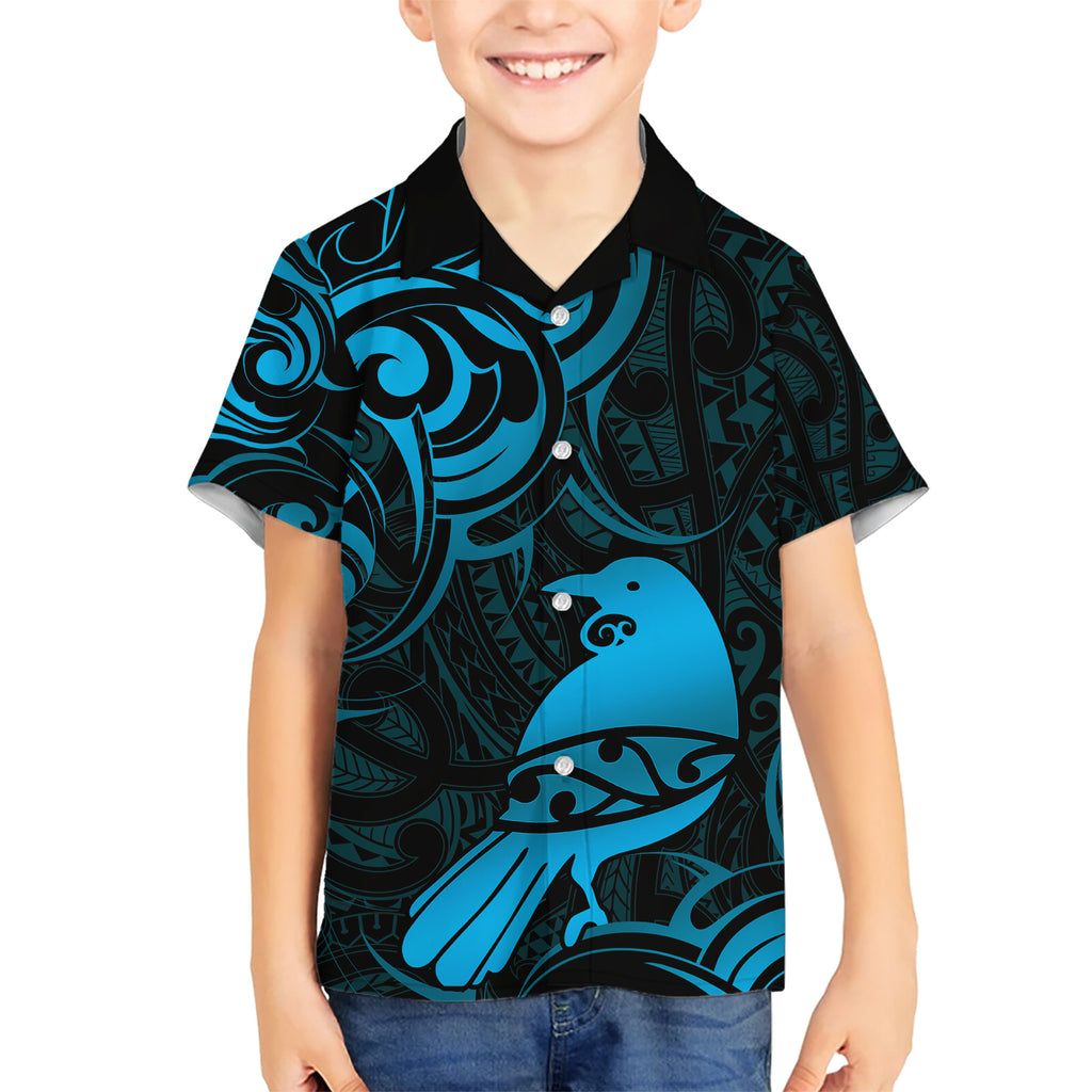 New Zealand Tui Bird Hawaiian Shirt Aotearoa Maori Pattern - Blue