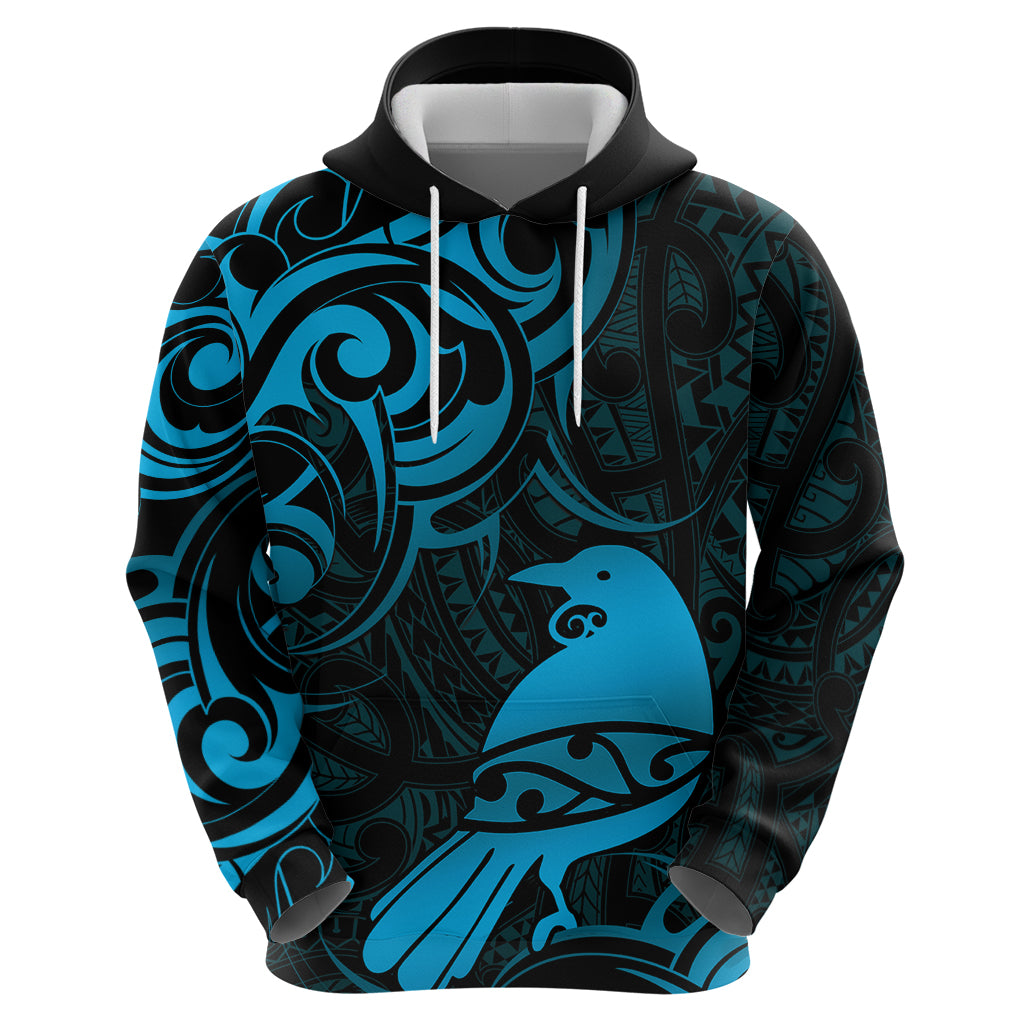 New Zealand Tui Bird Hoodie Aotearoa Maori Pattern - Blue