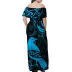 New Zealand Tui Bird Off Shoulder Maxi Dress Aotearoa Maori Pattern - Blue