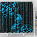 New Zealand Tui Bird Shower Curtain Aotearoa Maori Pattern - Blue