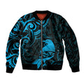 New Zealand Tui Bird Sleeve Zip Bomber Jacket Aotearoa Maori Pattern - Blue