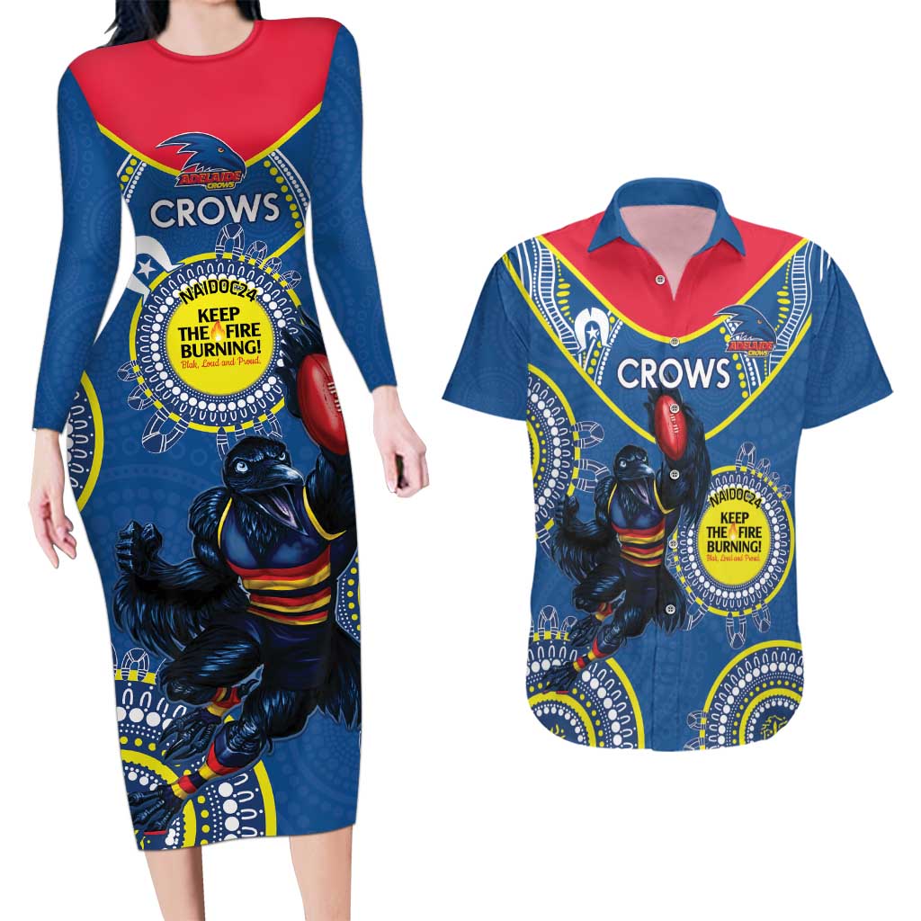 Custom AFL Crows NAIDOC Week Couples Matching Long Sleeve Bodycon Dress and Hawaiian Shirt Keep The Fire Burning Indigenous Art