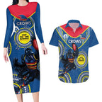 Custom AFL Crows NAIDOC Week Couples Matching Long Sleeve Bodycon Dress and Hawaiian Shirt Keep The Fire Burning Indigenous Art