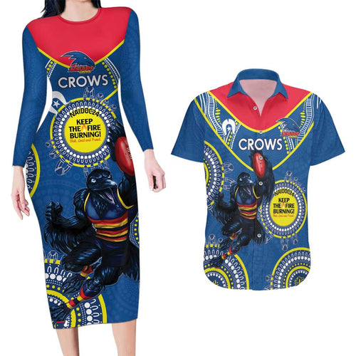 Custom AFL Crows NAIDOC Week Couples Matching Long Sleeve Bodycon Dress and Hawaiian Shirt Keep The Fire Burning Indigenous Art