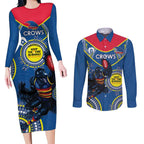 Custom AFL Crows NAIDOC Week Couples Matching Long Sleeve Bodycon Dress and Long Sleeve Button Shirt Keep The Fire Burning Indigenous Art