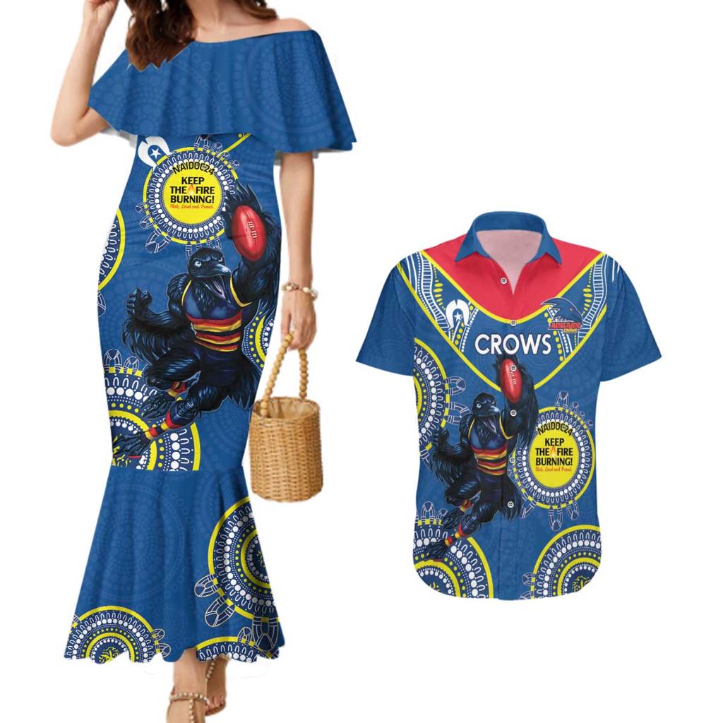 Custom AFL Crows NAIDOC Week Couples Matching Mermaid Dress and Hawaiian Shirt Keep The Fire Burning Indigenous Art