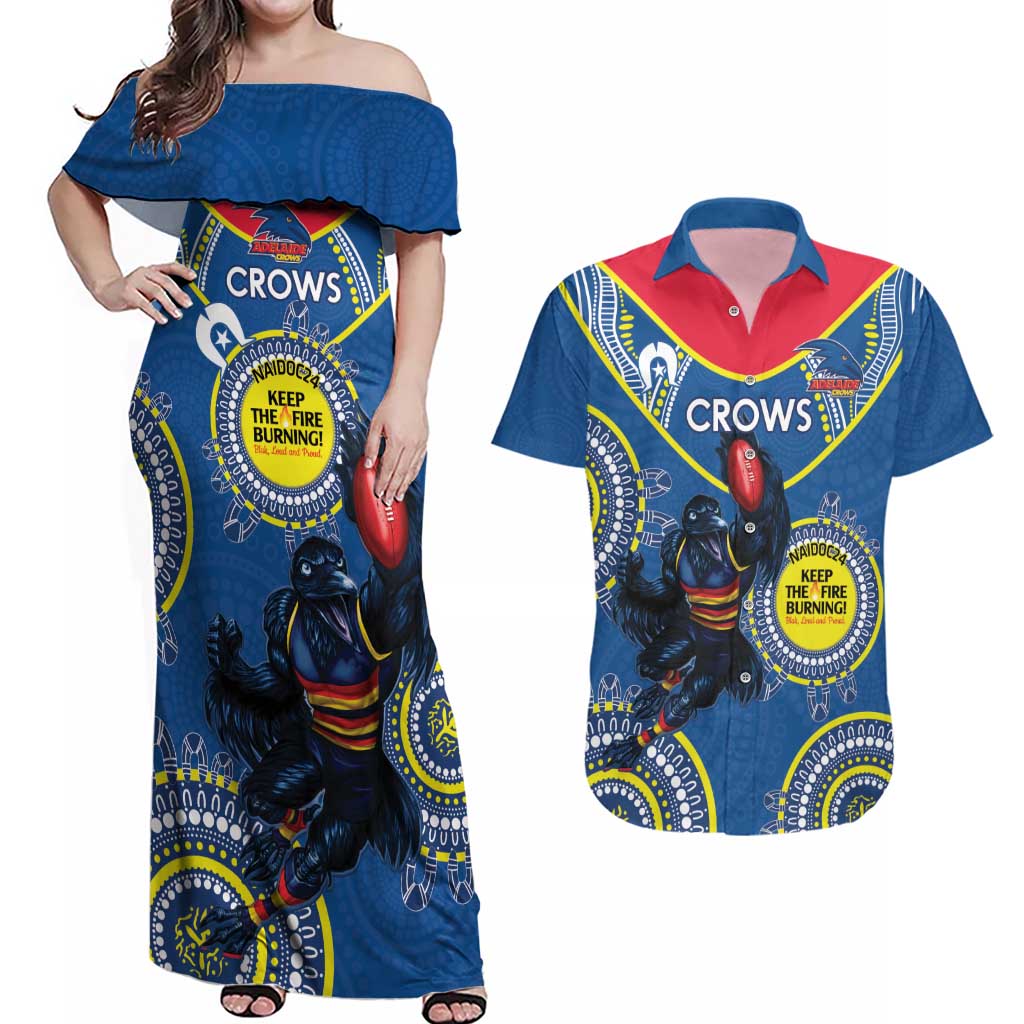 Custom AFL Crows NAIDOC Week Couples Matching Off Shoulder Maxi Dress and Hawaiian Shirt Keep The Fire Burning Indigenous Art
