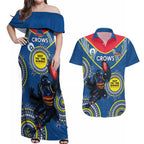 Custom AFL Crows NAIDOC Week Couples Matching Off Shoulder Maxi Dress and Hawaiian Shirt Keep The Fire Burning Indigenous Art