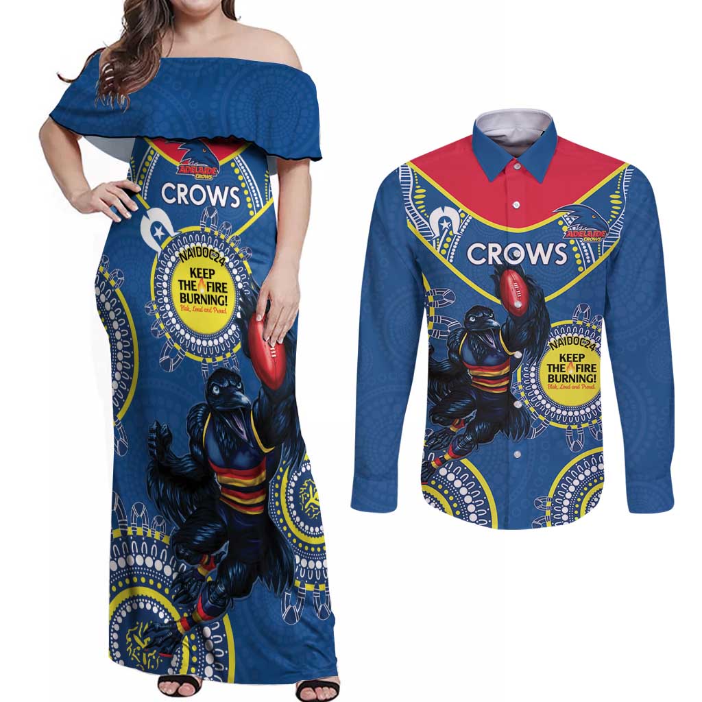 Custom AFL Crows NAIDOC Week Couples Matching Off Shoulder Maxi Dress and Long Sleeve Button Shirt Keep The Fire Burning Indigenous Art
