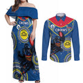Custom AFL Crows NAIDOC Week Couples Matching Off Shoulder Maxi Dress and Long Sleeve Button Shirt Keep The Fire Burning Indigenous Art