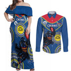 Custom AFL Crows NAIDOC Week Couples Matching Off Shoulder Maxi Dress and Long Sleeve Button Shirt Keep The Fire Burning Indigenous Art
