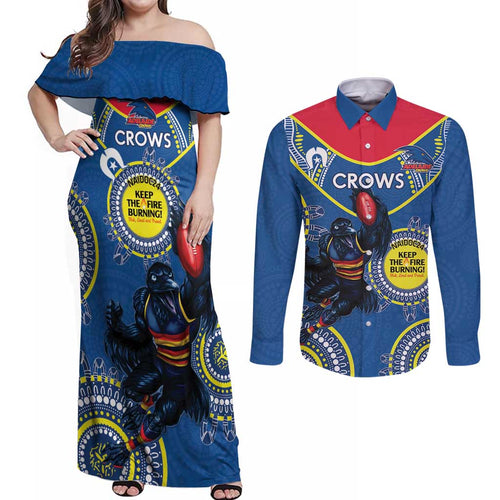 Custom AFL Crows NAIDOC Week Couples Matching Off Shoulder Maxi Dress and Long Sleeve Button Shirt Keep The Fire Burning Indigenous Art
