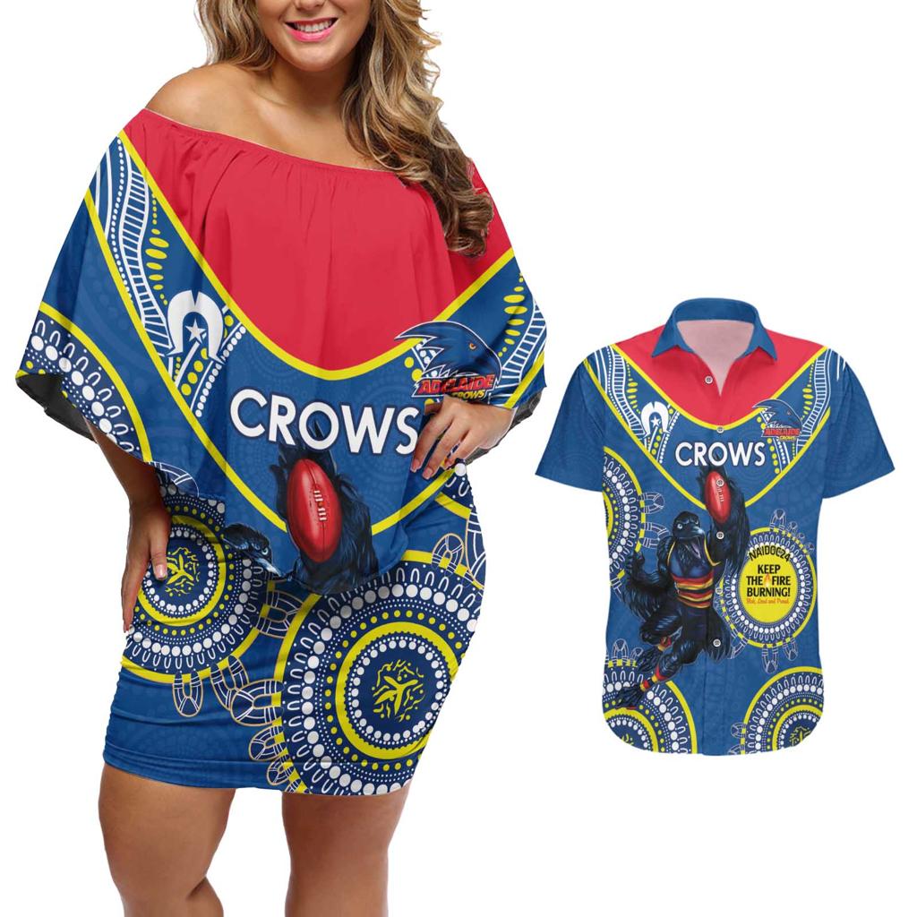 Custom AFL Crows NAIDOC Week Couples Matching Off Shoulder Short Dress and Hawaiian Shirt Keep The Fire Burning Indigenous Art