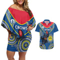 Custom AFL Crows NAIDOC Week Couples Matching Off Shoulder Short Dress and Hawaiian Shirt Keep The Fire Burning Indigenous Art