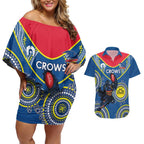 Custom AFL Crows NAIDOC Week Couples Matching Off Shoulder Short Dress and Hawaiian Shirt Keep The Fire Burning Indigenous Art