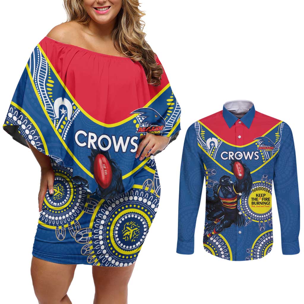 Custom AFL Crows NAIDOC Week Couples Matching Off Shoulder Short Dress and Long Sleeve Button Shirt Keep The Fire Burning Indigenous Art