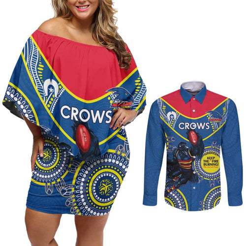 Custom AFL Crows NAIDOC Week Couples Matching Off Shoulder Short Dress and Long Sleeve Button Shirt Keep The Fire Burning Indigenous Art