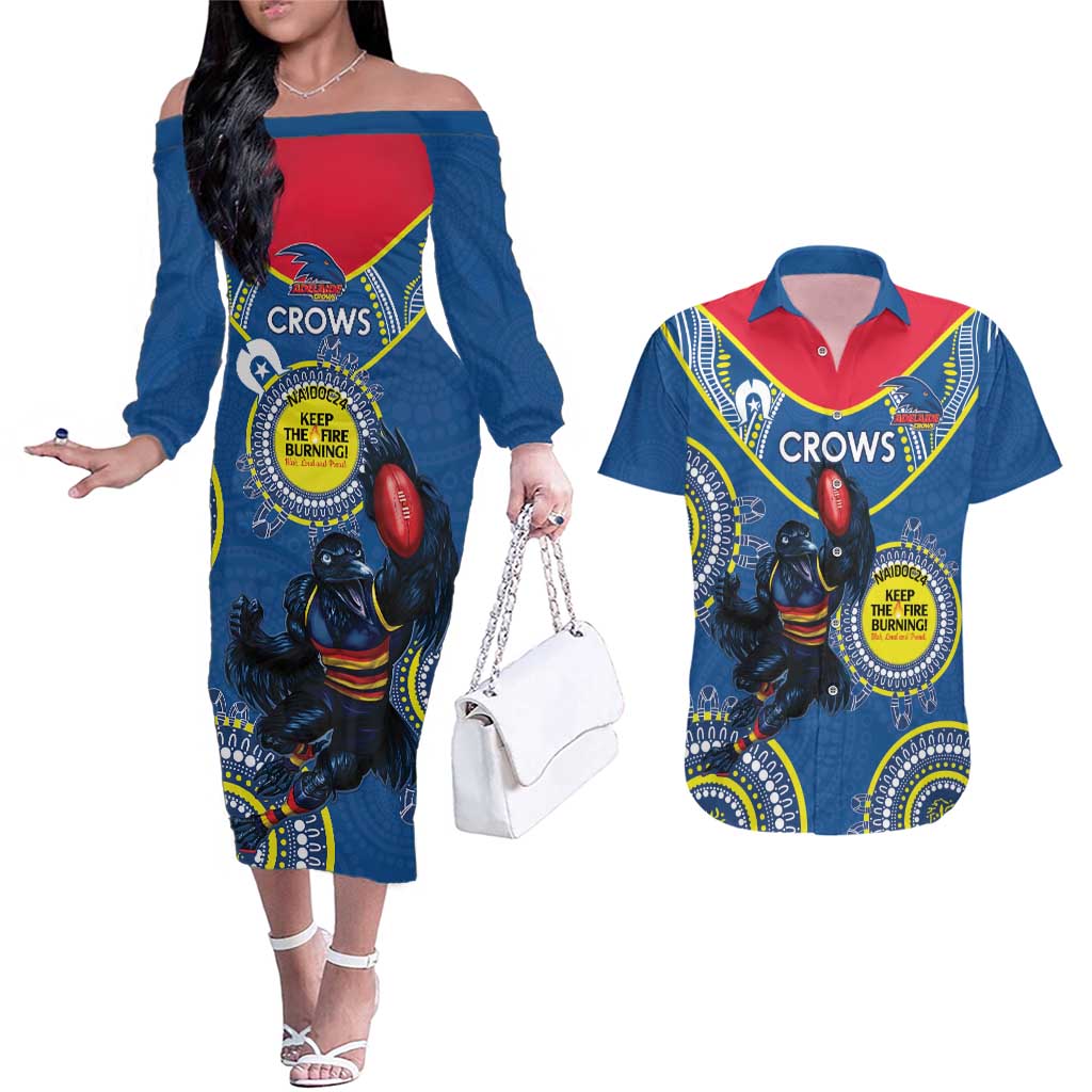 Custom AFL Crows NAIDOC Week Couples Matching Off The Shoulder Long Sleeve Dress and Hawaiian Shirt Keep The Fire Burning Indigenous Art