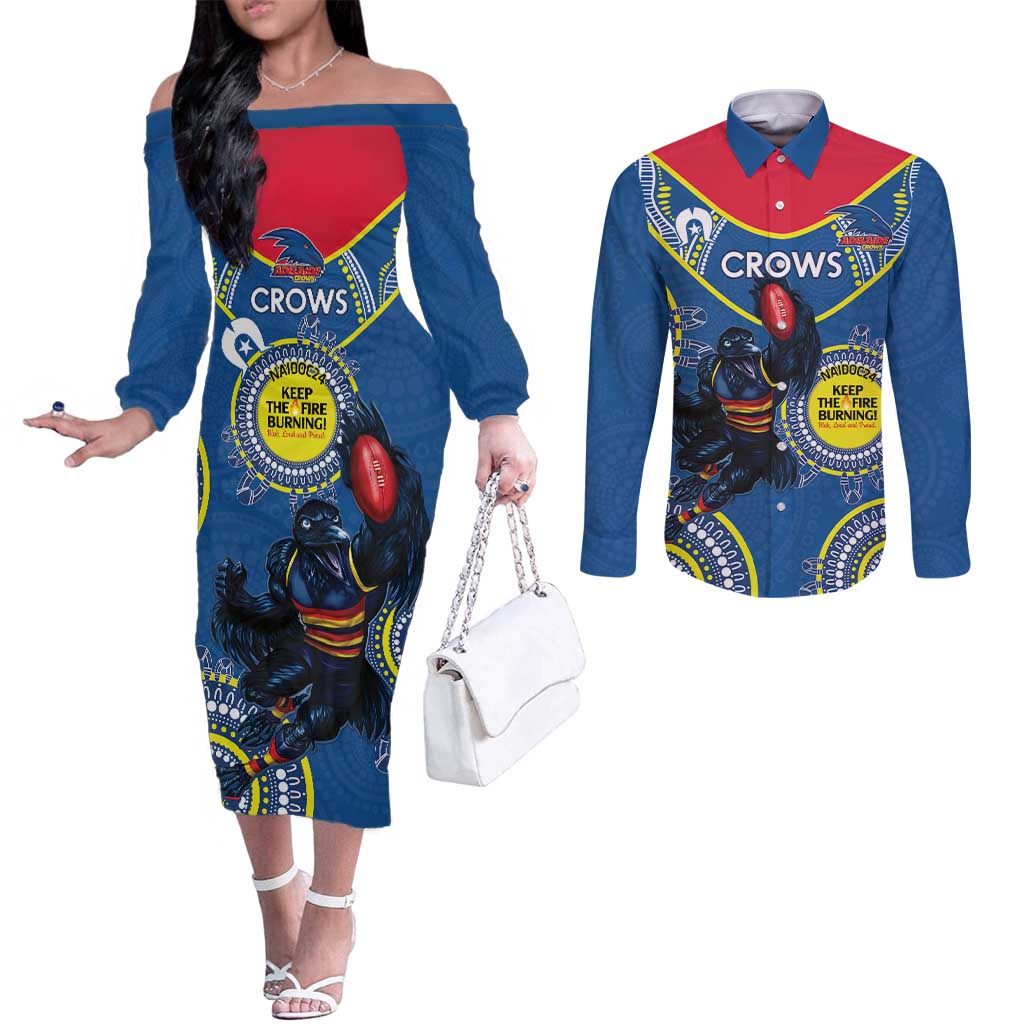 Custom AFL Crows NAIDOC Week Couples Matching Off The Shoulder Long Sleeve Dress and Long Sleeve Button Shirt Keep The Fire Burning Indigenous Art