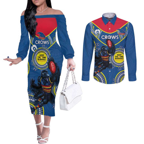 Custom AFL Crows NAIDOC Week Couples Matching Off The Shoulder Long Sleeve Dress and Long Sleeve Button Shirt Keep The Fire Burning Indigenous Art