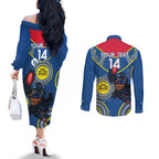 Custom AFL Crows NAIDOC Week Couples Matching Off The Shoulder Long Sleeve Dress and Long Sleeve Button Shirt Keep The Fire Burning Indigenous Art