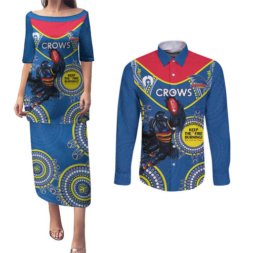 Custom AFL Crows NAIDOC Week Couples Matching Puletasi and Long Sleeve Button Shirt Keep The Fire Burning Indigenous Art