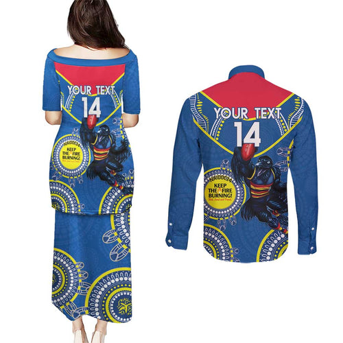 Custom AFL Crows NAIDOC Week Couples Matching Puletasi and Long Sleeve Button Shirt Keep The Fire Burning Indigenous Art