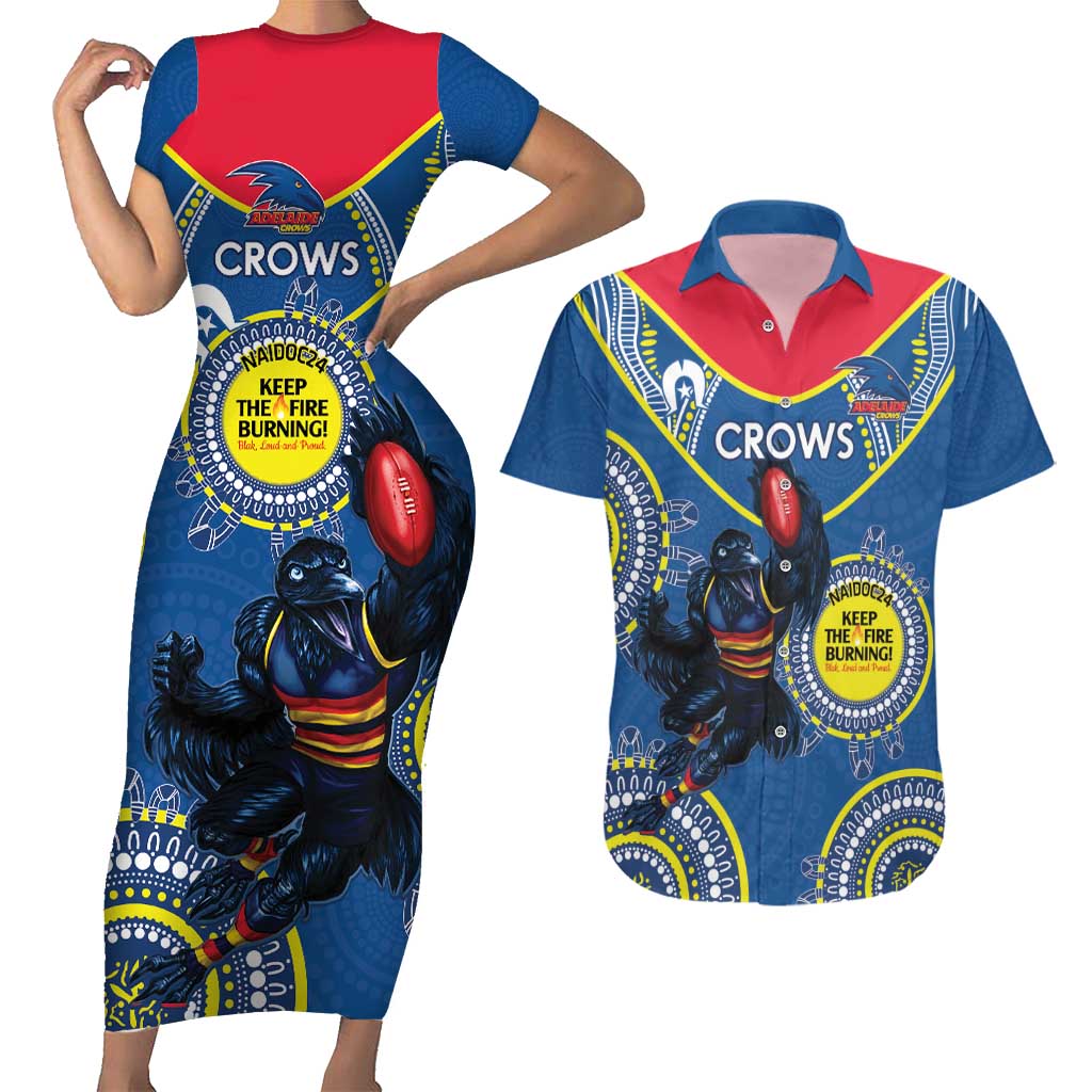 Custom AFL Crows NAIDOC Week Couples Matching Short Sleeve Bodycon Dress and Hawaiian Shirt Keep The Fire Burning Indigenous Art