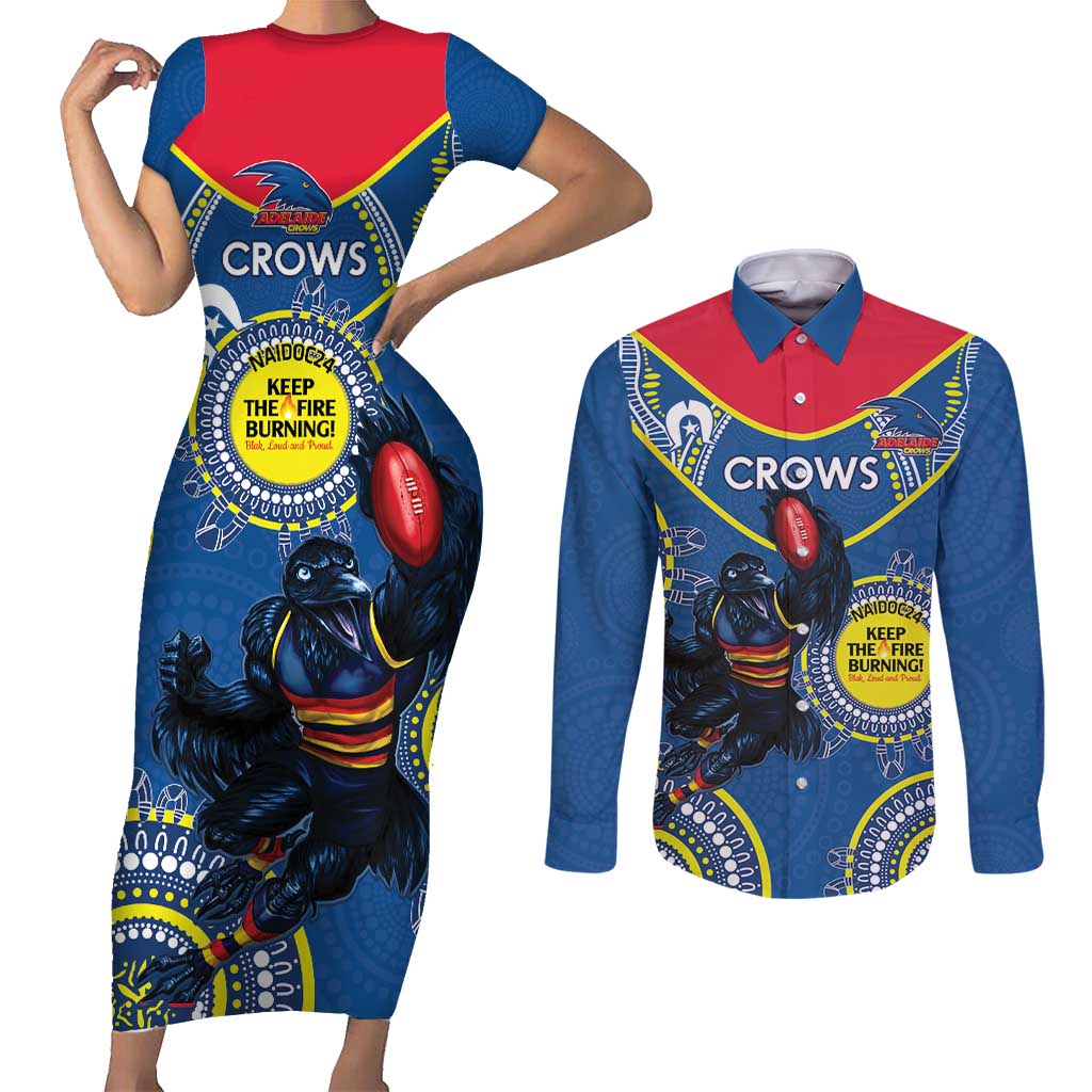 Custom AFL Crows NAIDOC Week Couples Matching Short Sleeve Bodycon Dress and Long Sleeve Button Shirt Keep The Fire Burning Indigenous Art