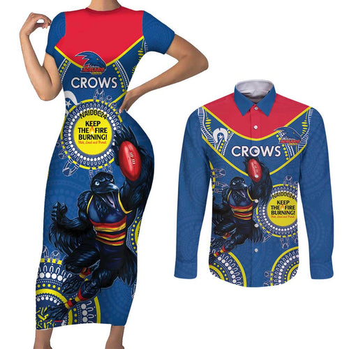 Custom AFL Crows NAIDOC Week Couples Matching Short Sleeve Bodycon Dress and Long Sleeve Button Shirt Keep The Fire Burning Indigenous Art