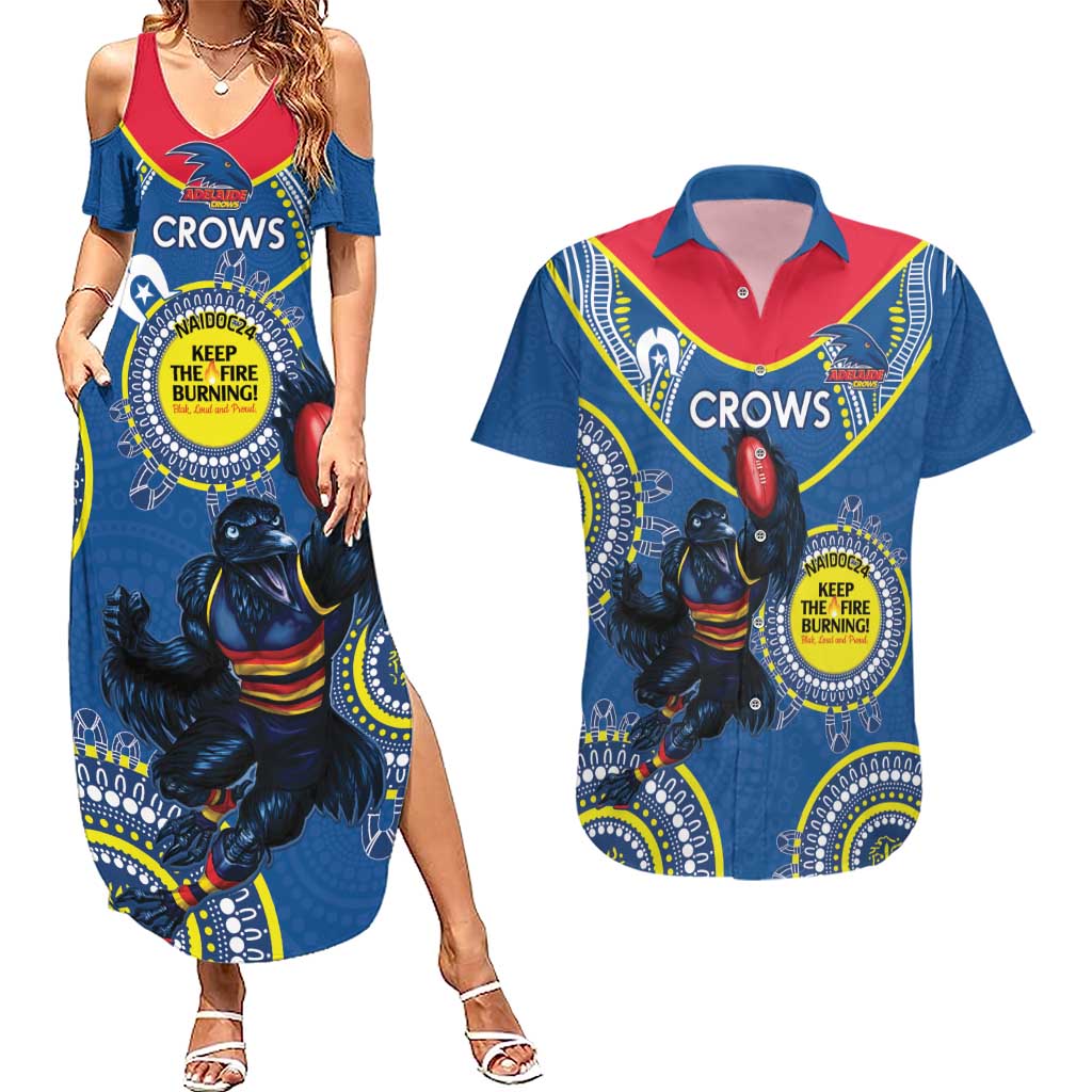 Custom AFL Crows NAIDOC Week Couples Matching Summer Maxi Dress and Hawaiian Shirt Keep The Fire Burning Indigenous Art
